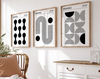 Bauhaus Poster Set of 3 in Black and White Digital Download, Retro Printable Mid Century Modern Prints, Bedroom Triptych Downloadable Art