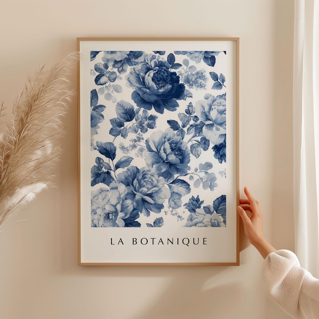 Navy Blue Floral Wall Art Print - Digital Download, Vintage Botanical ...