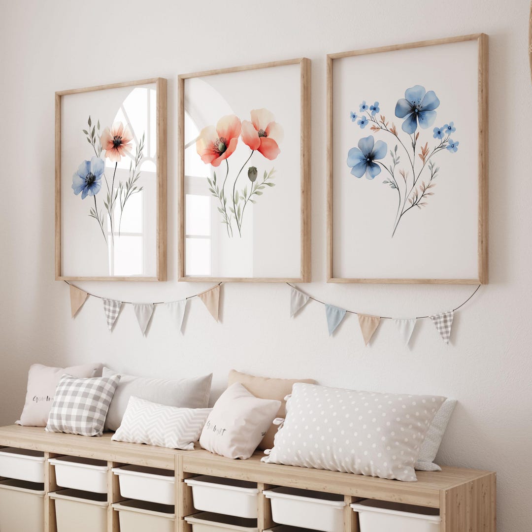 Set of 3 Printable Flower Wall Art Prints, Digital Download, Minimalist ...