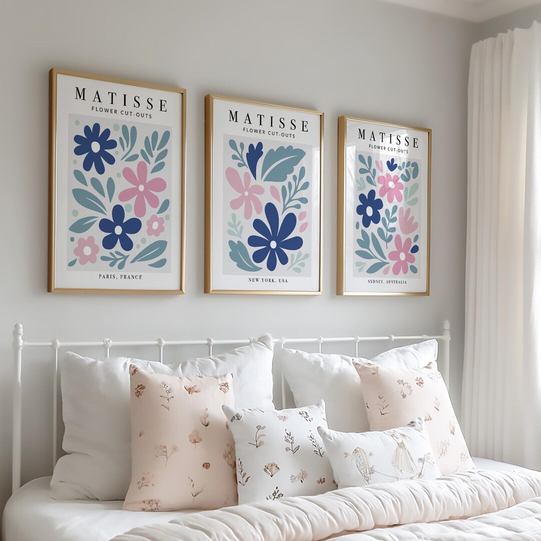 Set of 3 Matisse Flower Market Prints in Pink and Navy Blue, Printable ...