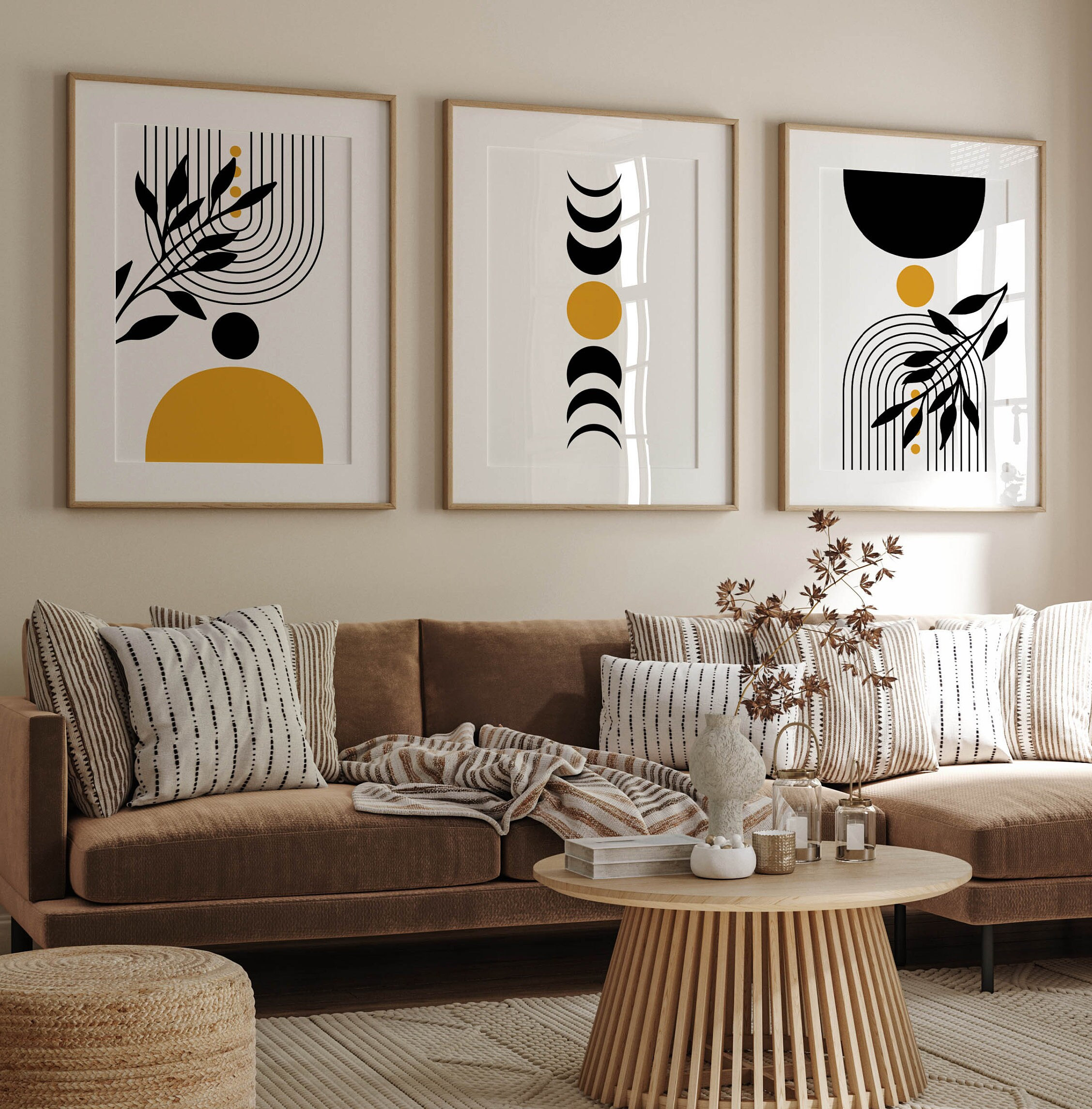 Set of 3 Printable Botanical Wall Art Prints in Mustard Yellow, Digital ...