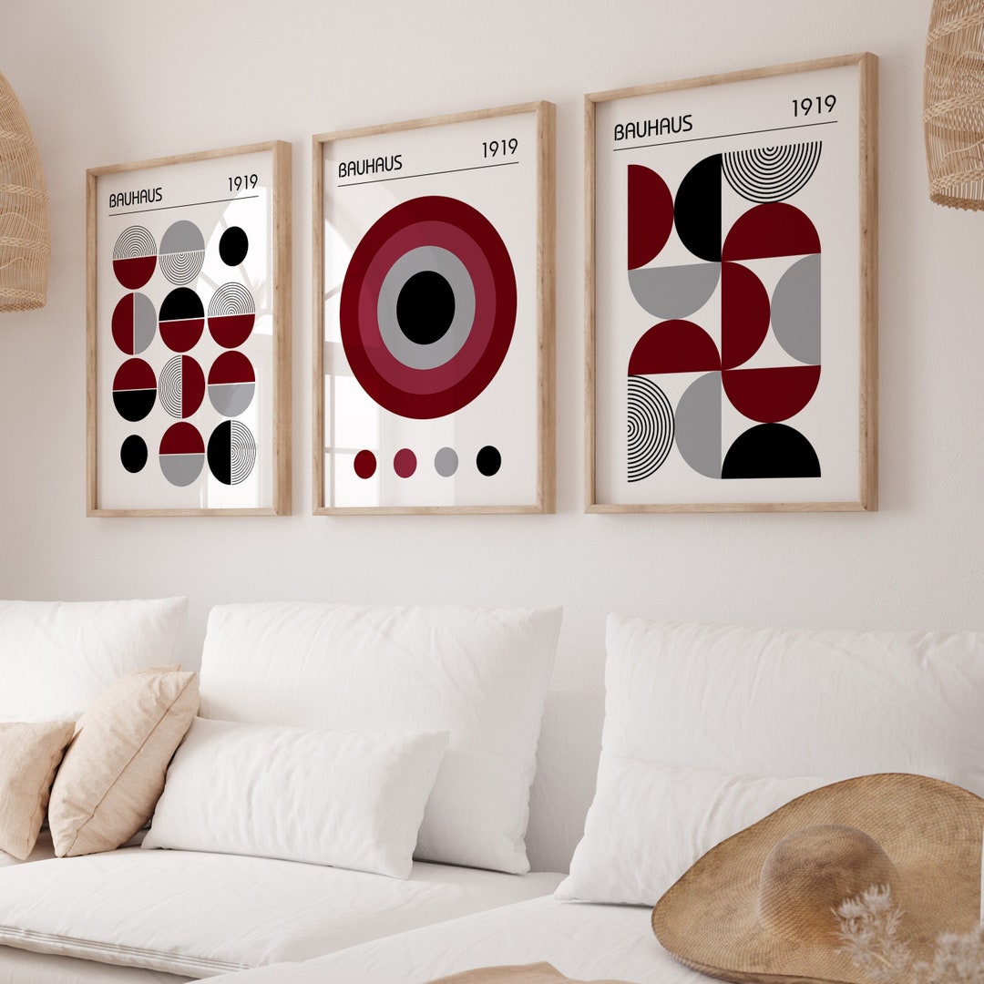 Bauhaus Poster Set in Burgundy Red, Set of 3 Mid Century Modern ...
