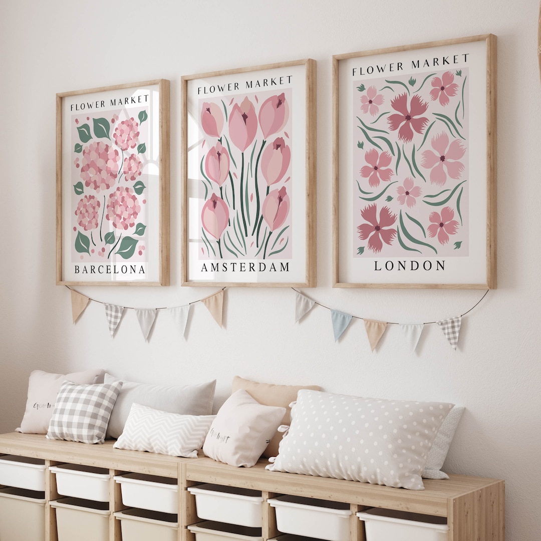 Set of 3 Flower Market Prints in Dusty Pink, 3 Piece Floral Printable ...