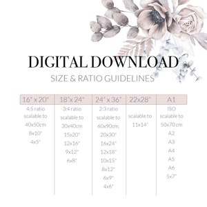 May include: A chart with a floral design at the top and a table listing different sizes and ratios for digital downloads. The table includes sizes in inches and centimeters, and the ratios are listed as 4:5, 3:4, 2:3, and ISO. The table also includes the standard paper sizes A1, A2, A3, A4, A5, A6, and 5x7.