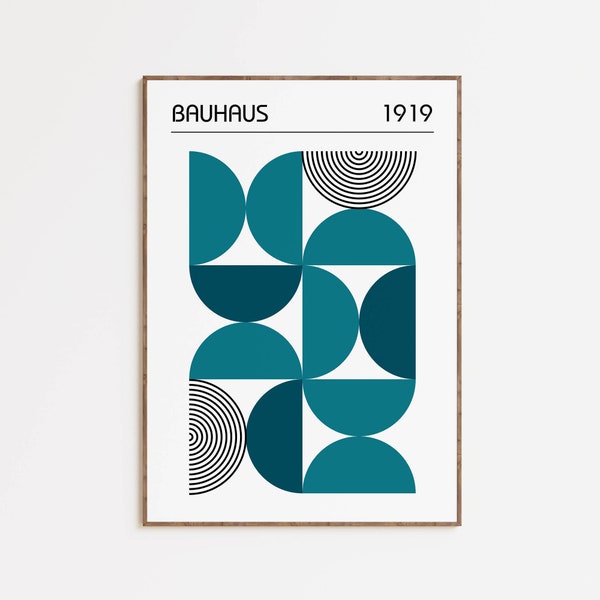 Bauhaus Poster Wall Art in Teal Blue, Digital Download Colorful Mid Century Modern Print, Large Printable Artwork Living Room, Gift for Home