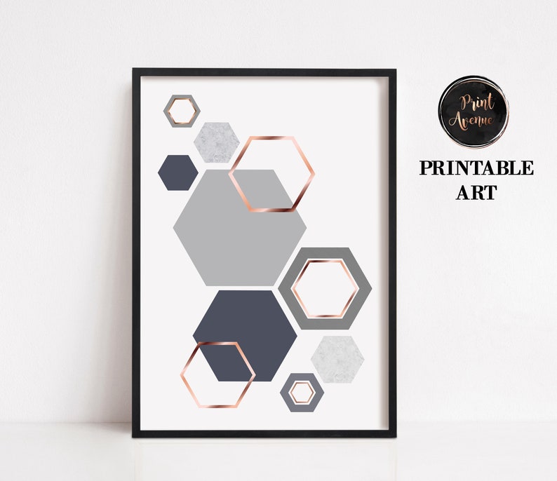 Grey and Rose Gold Print Gray & Copper Wall Art Geometric Etsy