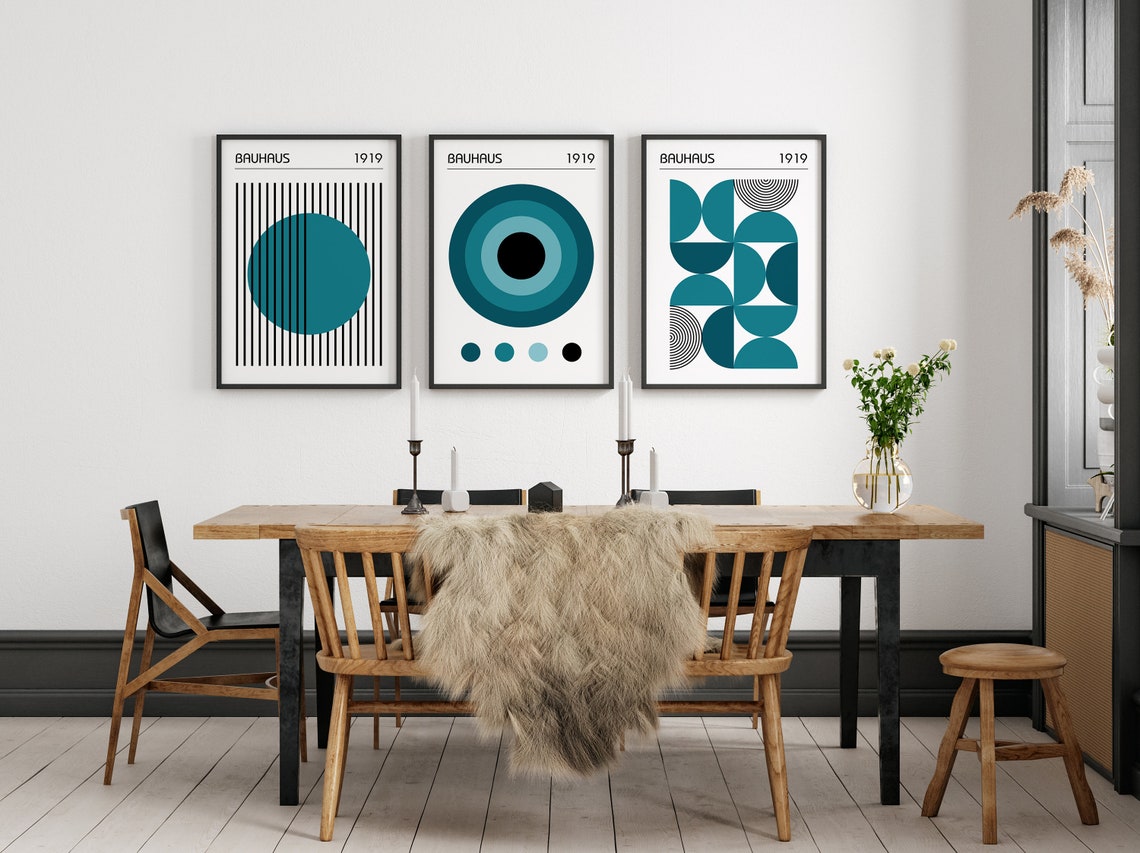 Printable Bauhaus Poster Set of 3, Teal Blue Mid Century Modern ...