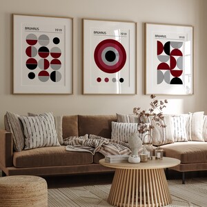 Bauhaus Poster Set in Burgundy Red, Set of 3 Mid Century Modern ...