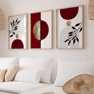 Set of 3 Botanical Printable Wall Art Posters in Maroon Red, Mid Century Modern Burgundy Red Digital Download Art Prints, Bedroom Decor