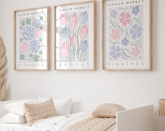 Set of 3 Flower Market Prints in Pink and Blue, Printable Wall Art for Bedroom, Dorm Room, Girly Coquette Posters, Gifts for Daughter