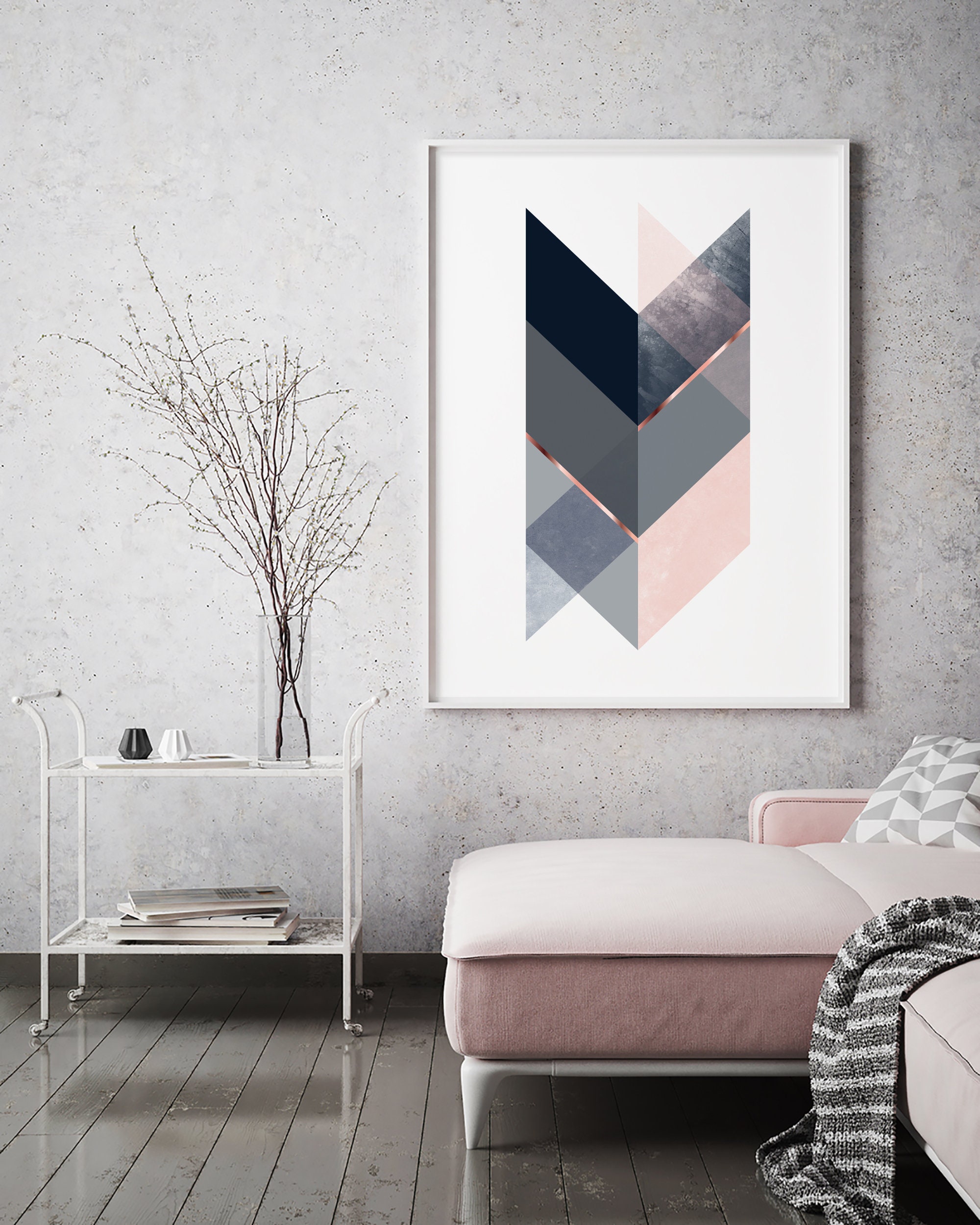 Navy Pink Print Navy Blush Wall Art Scandinavian Print Chevron Etsy