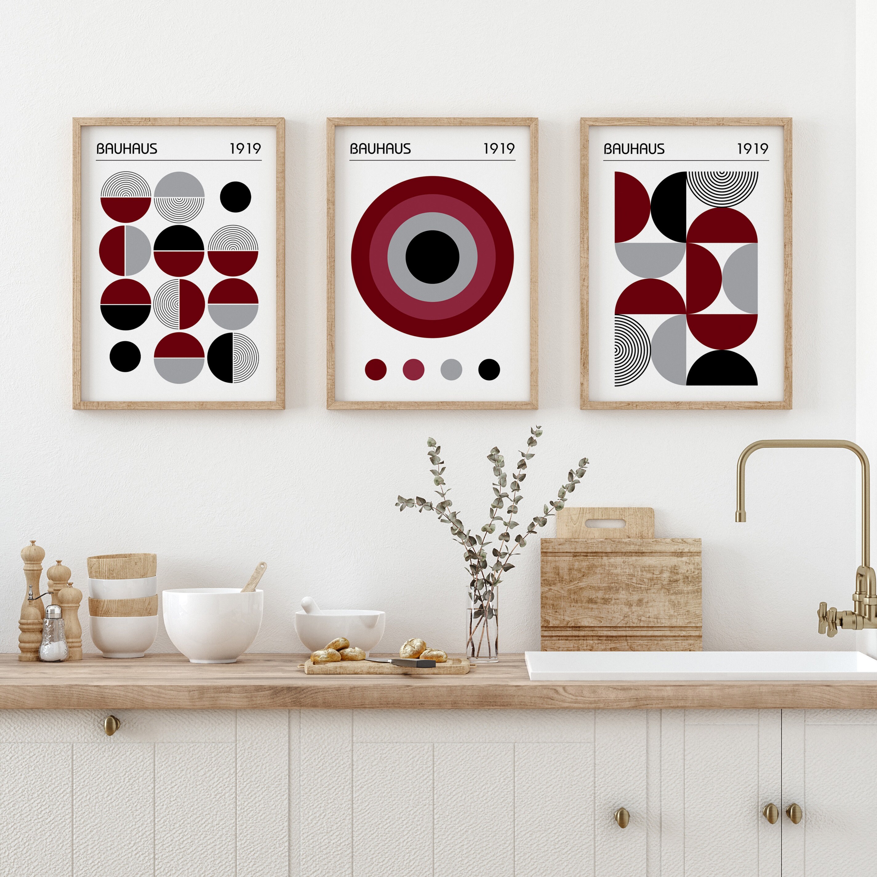 Bauhaus Poster Set in Burgundy Red, Set of 3 Mid Century Modern ...