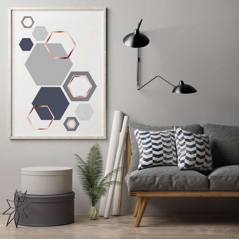 Grey and Rose Gold Print Gray & Copper Wall Art Geometric Etsy