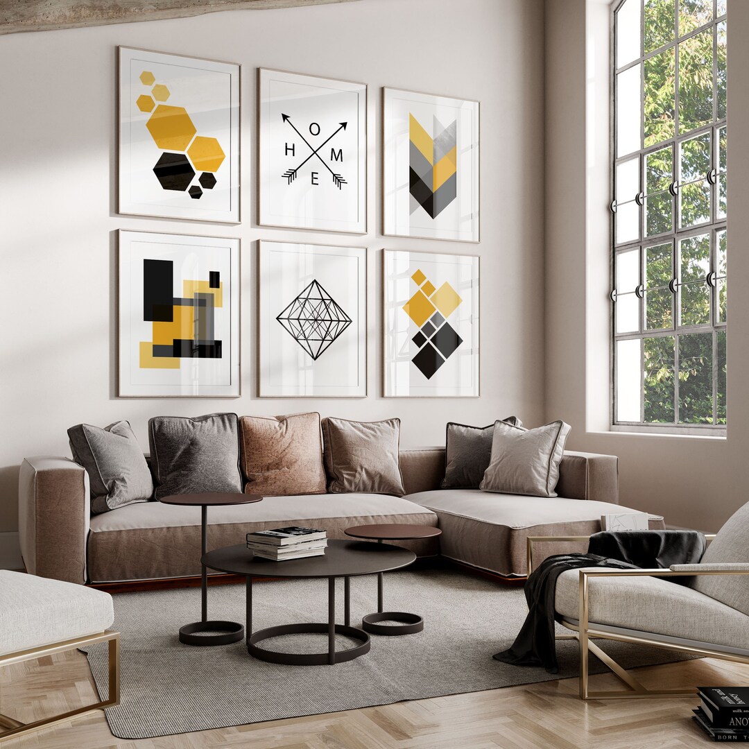 Set of 6 Digital Art Prints in Mustard Yellow & Black, Living Room ...