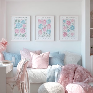 Set of 3 Flower Market Prints in Pink and Blue, Printable Wall Art for ...