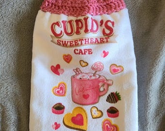 Valentines Kitchen Towels with Crochet Topper/Ready to ship