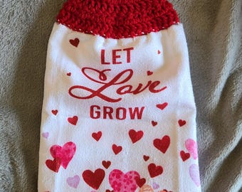 Valentines Kitchen Towels with Crochet Topper/Ready to ship