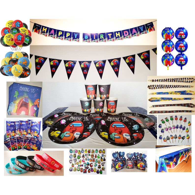 AMONG US Cups Plates More Options ~ birthday theme favor party supplies decorations ideas Party supplies Table Liner Cupcake Topper boxes