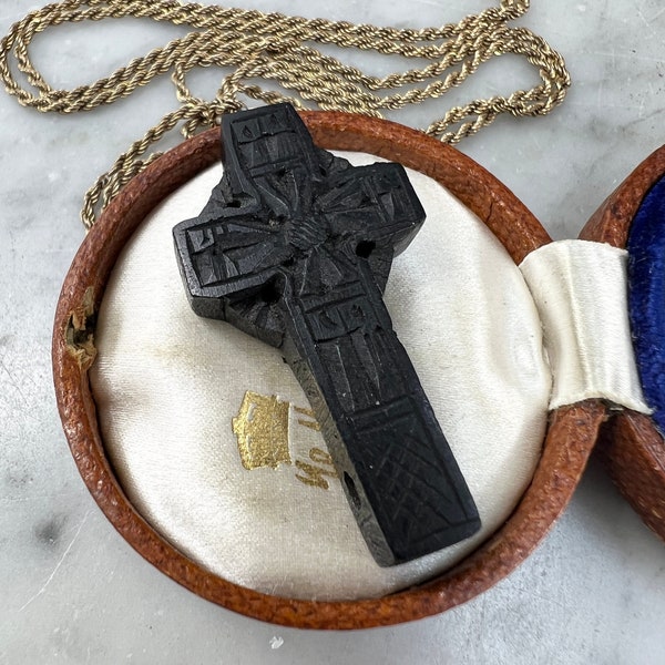 Stanhope Antique Victorian Bog Oak Irish Celtic Cross Pendant Jewelry- Souvenir of Killarney, Ireland - Hidden Tiny Micro Photograph inside!