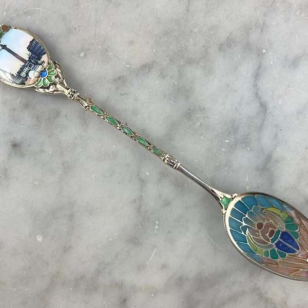 Antique Plique-à-jour Enamel & Silver Egyptian Revival Scarab Art Nouveau Souvenir Spoon for London, England - Absolutely Stunning!!!