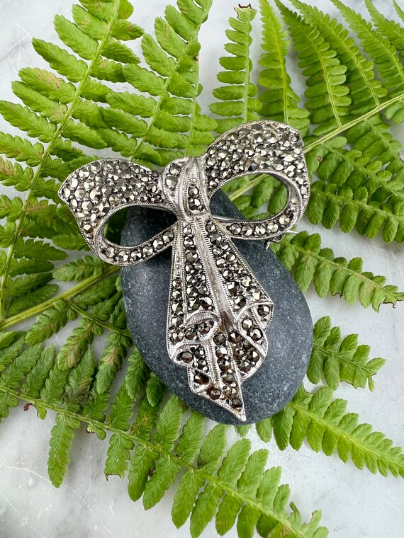 Art Deco Silver & Marcasite Rhodium Plated Large … - image 2