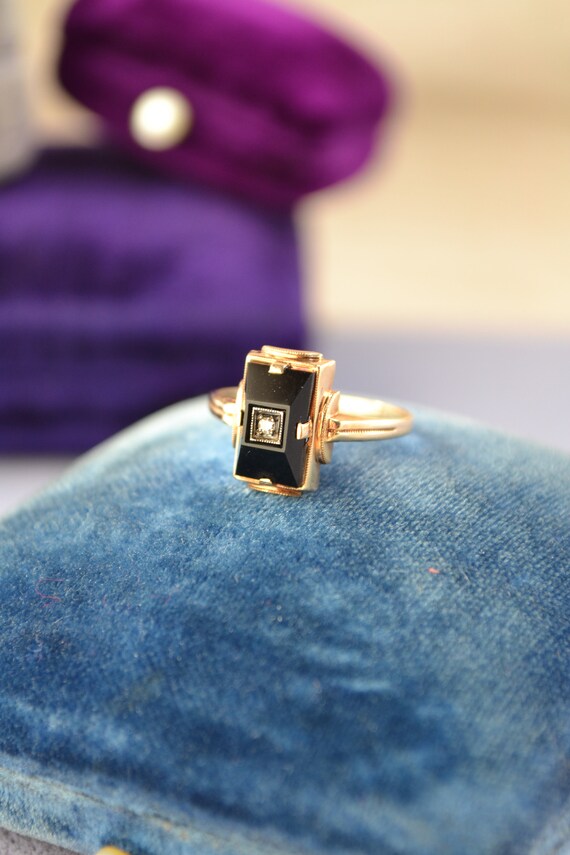 Art Deco 1930s 10k Gold, Diamond & Black Onyx Ladi