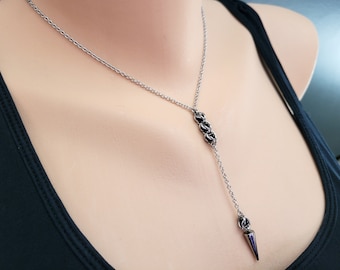 Illusion Y Necklace, Dainty Caged Glass Bead, Chainmaille Jewelry, Gothic Whimsigoth Lariat Chain Necklace, Fantasy Core, Spike Drop Pendant