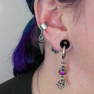 Illusion Ear Cuff, Chainmaille Jewelry, Caged Bead and Spike, Whimsigoth, Gothic, Witchy, Fantasy Core, No Piercing Dangle Drop Earring image 4