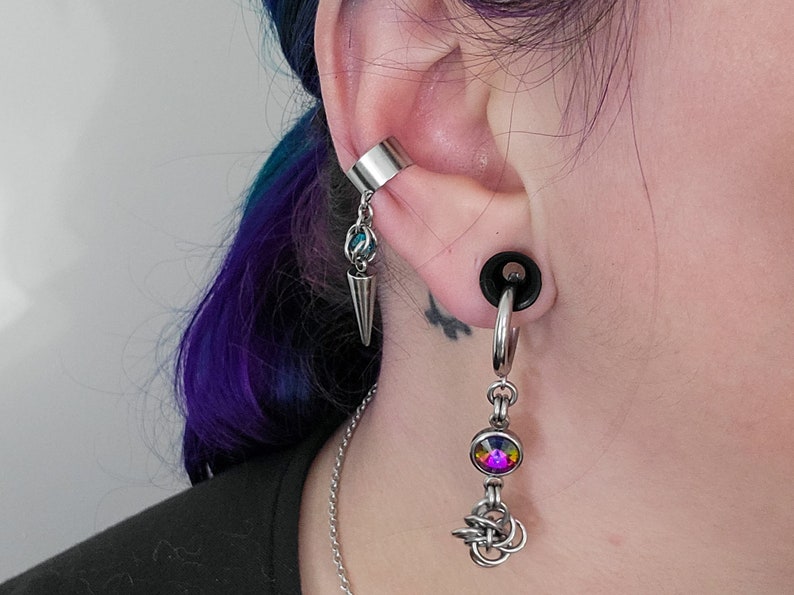 Illusion Ear Cuff, Chainmaille Jewelry, Caged Bead and Spike, Whimsigoth, Gothic, Witchy, Fantasy Core, No Piercing Dangle Drop Earring image 4