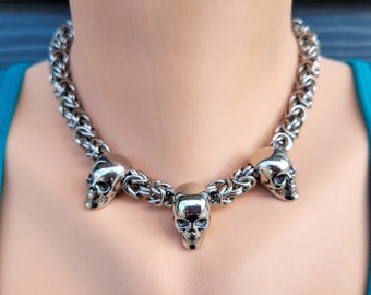 Skull Byzantine Choker, Chunky Chain Necklace, Gothic Stainless Steel Chainmaille Jewelry