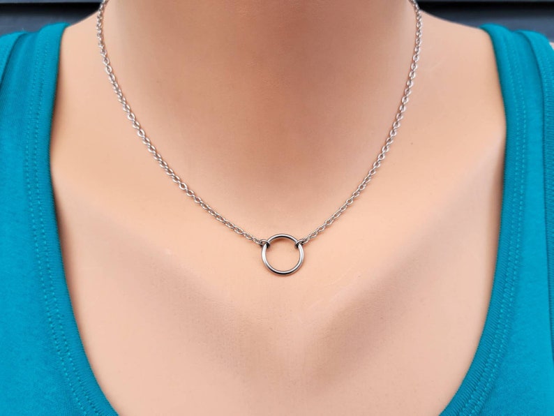 Simple Silver Eternity Ring Choker, Minimalist Necklace, Gift for Her, Stainless Steel or Titanium Chain Choker image 1