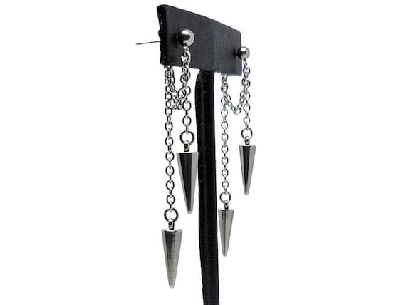 Dagger Stud Earrings, Spike and Chain Post Earrings, Stainless Steel Gothic Jewelry, Punk Style