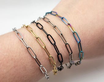 Paperclip Chain Bracelet, Dainty Minimalist Anklet, Gothic Jewelry, Stainless Steel or Hypoallergenic Titanium Bracelet, Silver Gold Black