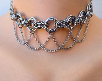 Draped Chivalry Focal Choker, Byzantine and Mobius Chain Gothic Chainmaille Necklace, Stainless Steel Knight Core Fantasy Whimsigoth Jewelry
