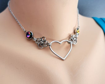 Enchantress Focal Choker, Fantasy Chainmaille Jewelry, Stainless Steel, Day Collar, Gothic Necklace, Heart and Glass Crystals