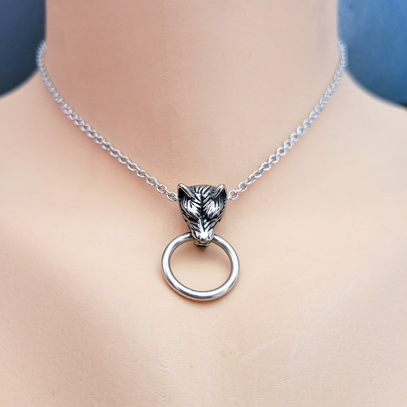 Wolf Biting Ring Choker, Werewolf Knocker O Ring Collar, Witchy Gothic Necklace, Fantasy Horror Pendant, Stainless Steel Jewelry image 2