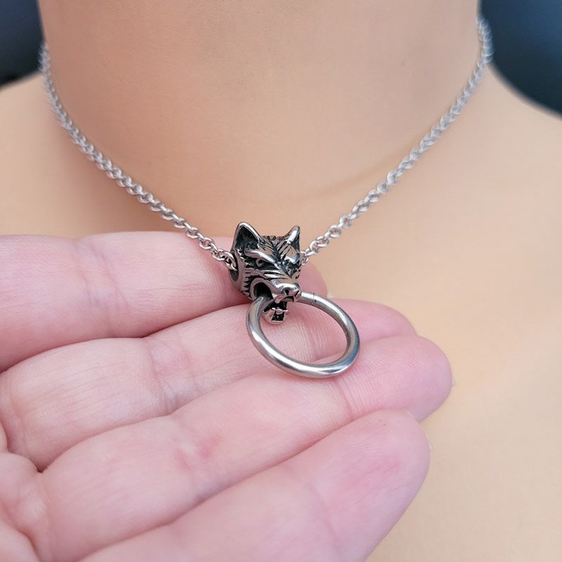 Wolf Biting Ring Choker, Werewolf Knocker O Ring Collar, Witchy Gothic Necklace, Fantasy Horror Pendant, Stainless Steel Jewelry image 9