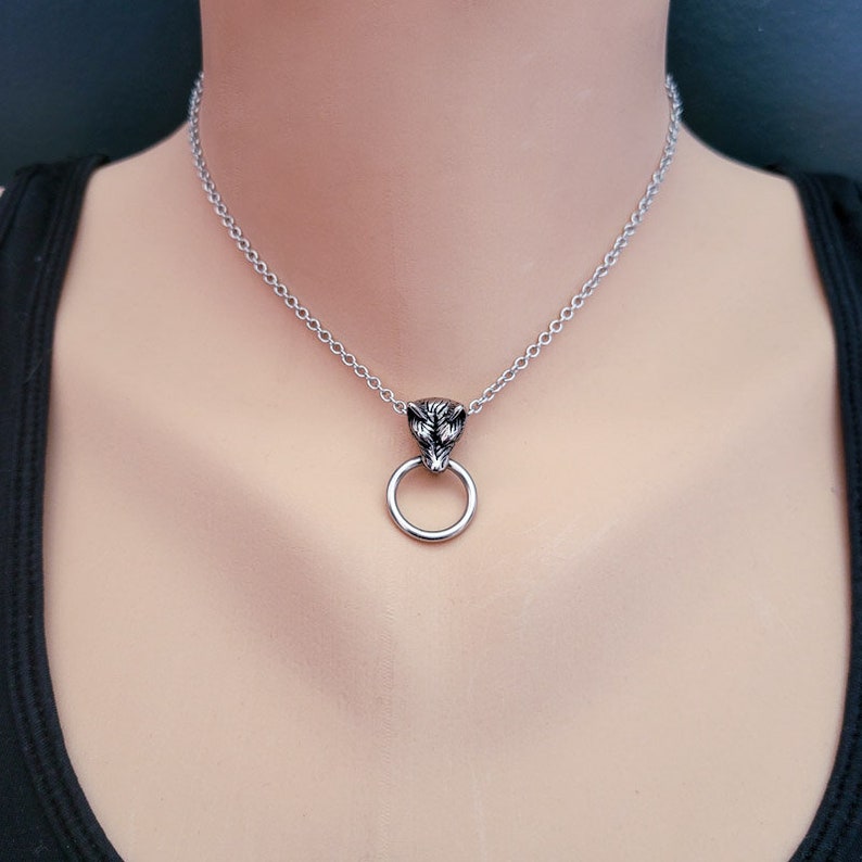 Wolf Biting Ring Choker, Werewolf Knocker O Ring Collar, Witchy Gothic Necklace, Fantasy Horror Pendant, Stainless Steel Jewelry image 3