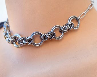 Chivalry Focal Choker, Byzantine and Mobius Gothic Chainmaille Necklace, Stainless Steel or Titanium Chain, Castle Core Fantasy Jewelry