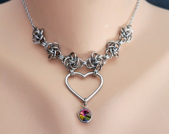 Heart and Crystal Persephone Focal Choker, Fantasy Chainmaille Jewelry, Stainless Steel, Day Collar, Gothic Necklace, Enchantress Collection