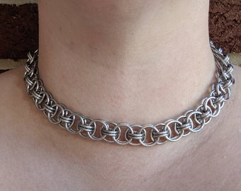 Helm Necklace, Chainmaille Jewelry, Stainless Steel or Titanium Choker, Gothic Collar, Thick Silver Chain