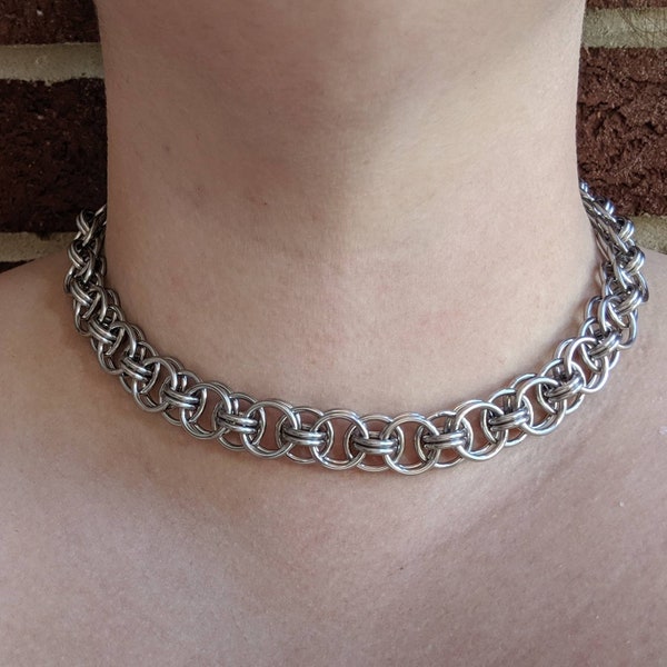 Helm Necklace, Chainmaille Jewelry, Stainless Steel or Titanium Choker, Gothic Collar, Thick Silver Chain