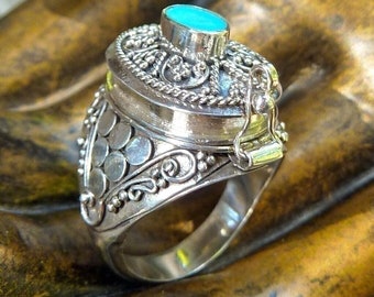 Sterling Silver Turquoise Poison Ring,Locket Ring in Sterling Ornate Design,Prayer Box Ring,Gemstone Stash Ring,Keepsake Ring Handmade 925