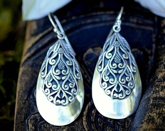 Sterling Silber Teardrop Boho Ohrringe, große 925 Spirale, filigrane Ohrringe mit Lotus Swirl Design, elegante Tropfen, Natur Statement Ohrringe