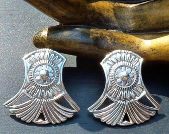 Silver Fan Earrings Post Back Art Deco Style,Sterling Silver Navajo Stud Earrings Etched with Flower Detail,Boho Tribal Earrings Floral Fan