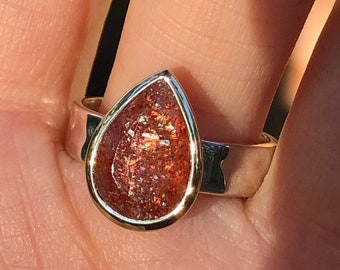 Rainbow Sunstone Ring Faceted Sterling Silver 18 Karat Gold,Silver 18K Gold Sunstone Bright Fiery,Quality Gold Bezel Orange Gemstone Rare