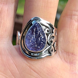Tanzanite Large Teardrop Ring,Rare Gemstone Carving,High Grade Quality Ring,One Of A Kind,Violet Purple Gemstone Artisan Ring,Natural Stone image 2