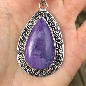 Large Sugilite Pendant Sterling Silver,Violet Purple Sugilite Gemstone,Spiral Design Teardrop Pendant,Natural Sugilite Stone,Rare Gemstone image 2