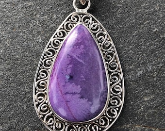 Large Sugilite Pendant Sterling Silver,Violet Purple Sugilite Gemstone,Spiral Design Teardrop Pendant,Natural Sugilite Stone,Rare Gemstone