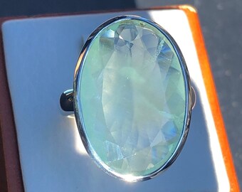 Aquamarine Gemstone Ring,Mint Green Blue Aquamarine Big Oval Faceted,Seafoam Natural Aquamarine Ring 9 Sterling Silver,Quality Stone Unique